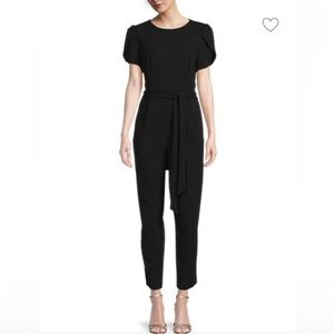 Calvin Klein Cropped Petal Sleeve Belted Jumpsuit Black